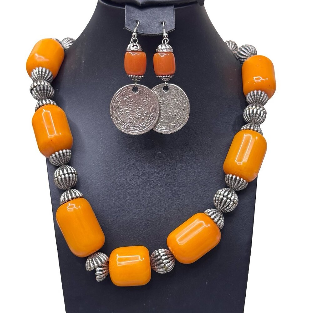 Vintage  Amber resin,bone & Tibetan silver Beads Necklace 30" Statement Earrings